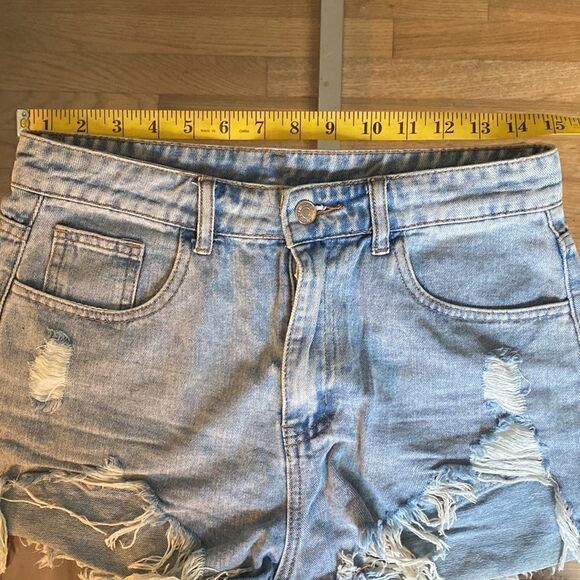 High rise, denim shorts, frayed hem distressed fabric,  size medium - Picture 2 of 7
